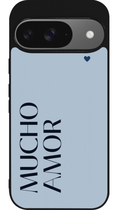 Coque Google Pixel 9 / Pixel 9 Pro - Silicone rigide noir Valentine 2024 mucho amor azul