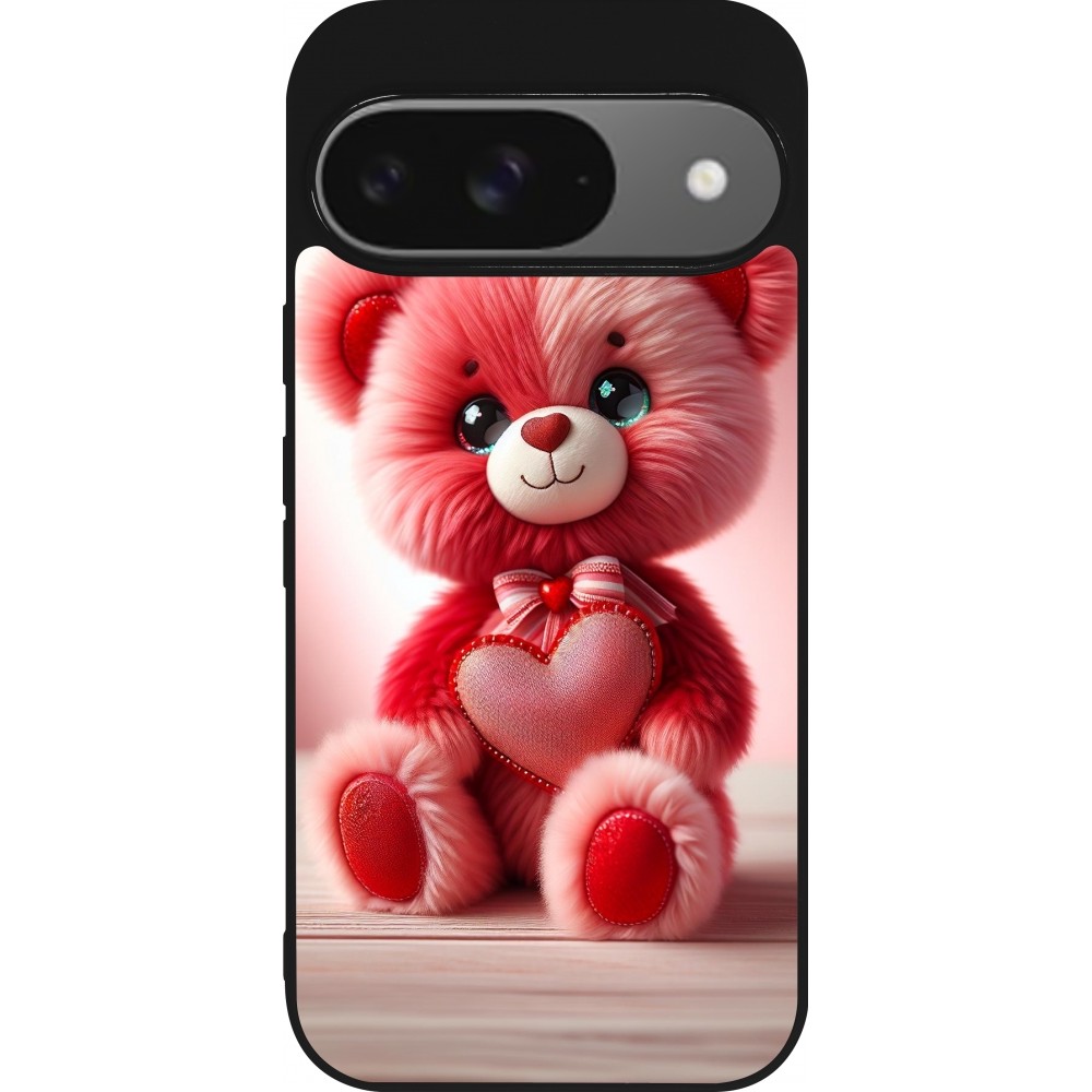 Coque Google Pixel 9 / Pixel 9 Pro - Silicone rigide noir Valentine 2024 Ourson rose