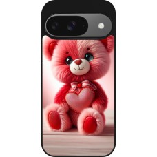 Coque Google Pixel 9 / Pixel 9 Pro - Silicone rigide noir Valentine 2024 Ourson rose