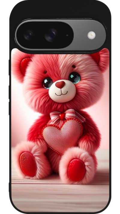 Coque Google Pixel 9 / Pixel 9 Pro - Silicone rigide noir Valentine 2024 Ourson rose