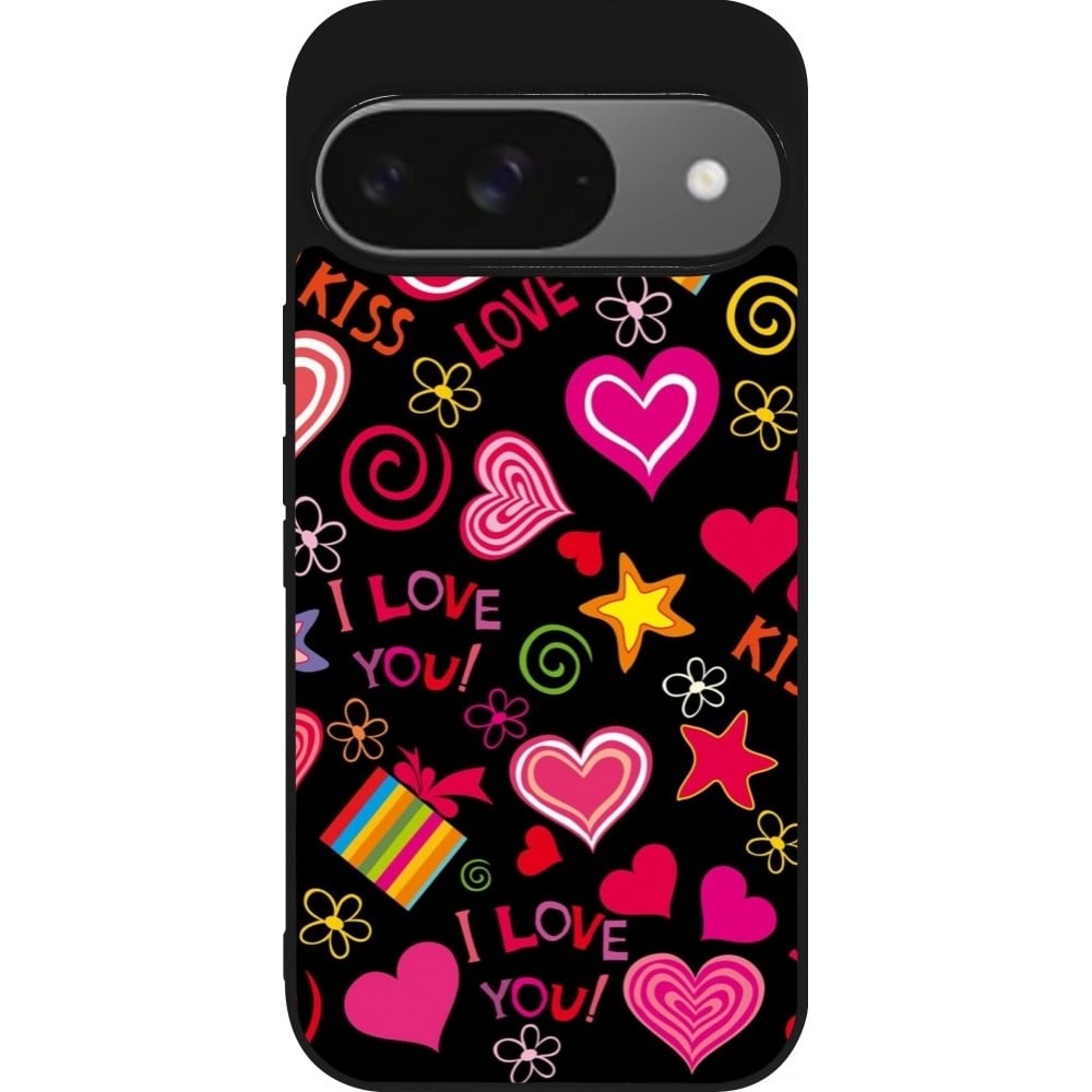 Coque Google Pixel 9 / Pixel 9 Pro - Silicone rigide noir Valentine 2023 love symbols