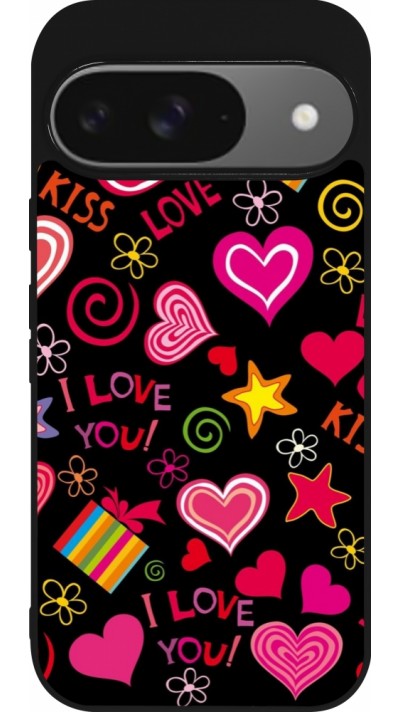 Coque Google Pixel 9 / Pixel 9 Pro - Silicone rigide noir Valentine 2023 love symbols