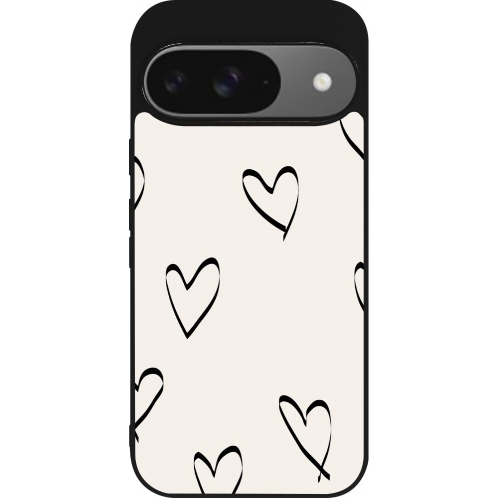 Coque Google Pixel 9 / Pixel 9 Pro - Silicone rigide noir Valentine 2023 minimalist hearts