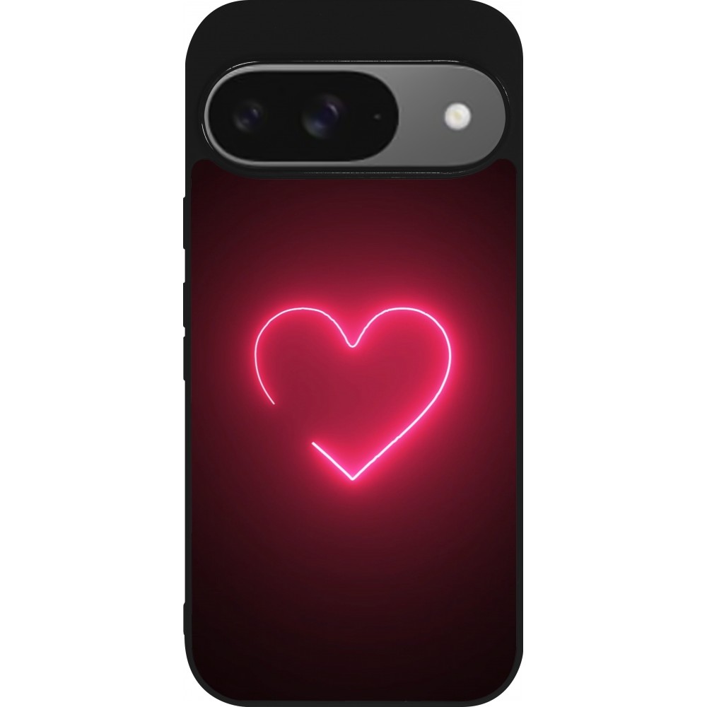 Coque Google Pixel 9 / Pixel 9 Pro - Silicone rigide noir Valentine 2023 single neon heart