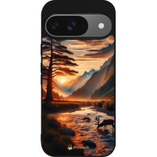 Coque Google Pixel 9 / Pixel 9 Pro - Silicone rigide noir Valley Sunset Deer Tree