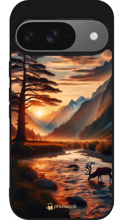 Coque Google Pixel 9 / Pixel 9 Pro - Silicone rigide noir Valley Sunset Deer Tree