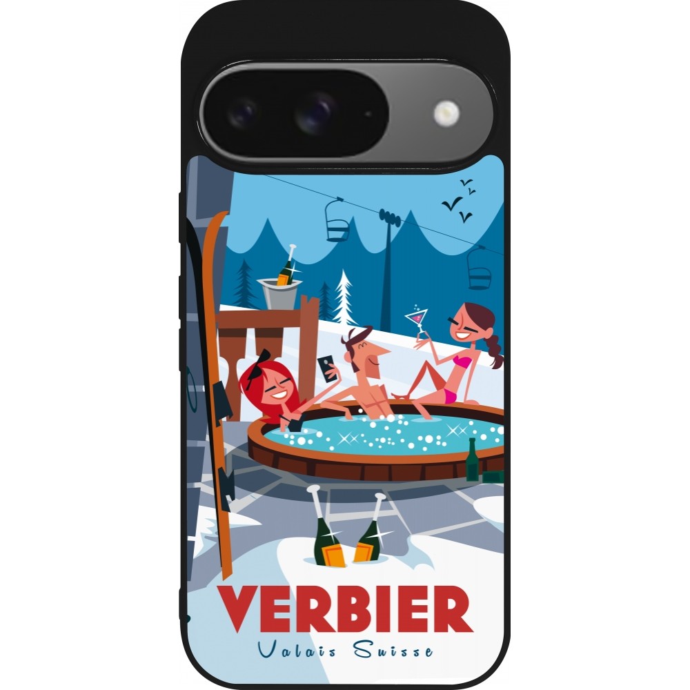 Coque Google Pixel 9 / Pixel 9 Pro - Silicone rigide noir Verbier Mountain Jacuzzi