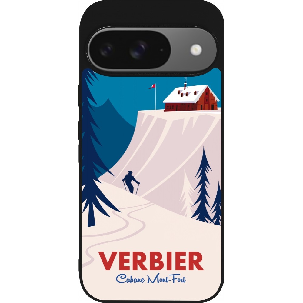 Coque Google Pixel 9 / Pixel 9 Pro - Silicone rigide noir Verbier Cabane Mont-Fort