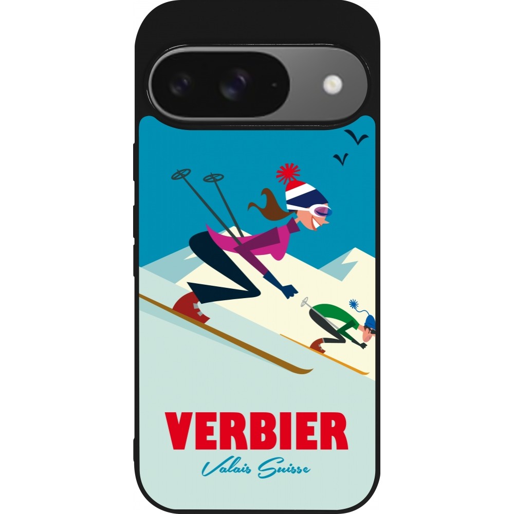 Coque Google Pixel 9 / Pixel 9 Pro - Silicone rigide noir Verbier Ski Downhill