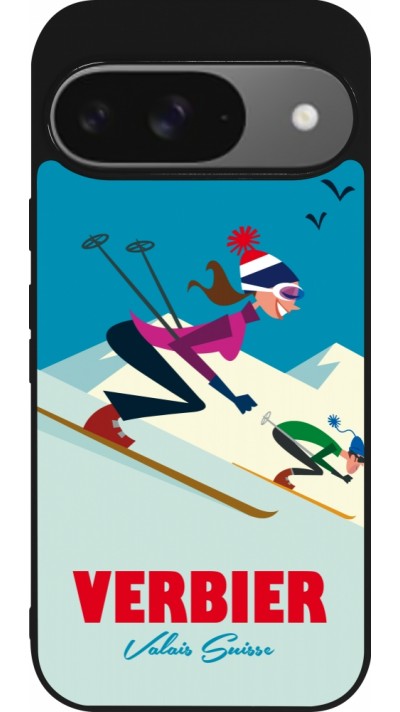 Coque Google Pixel 9 / Pixel 9 Pro - Silicone rigide noir Verbier Ski Downhill