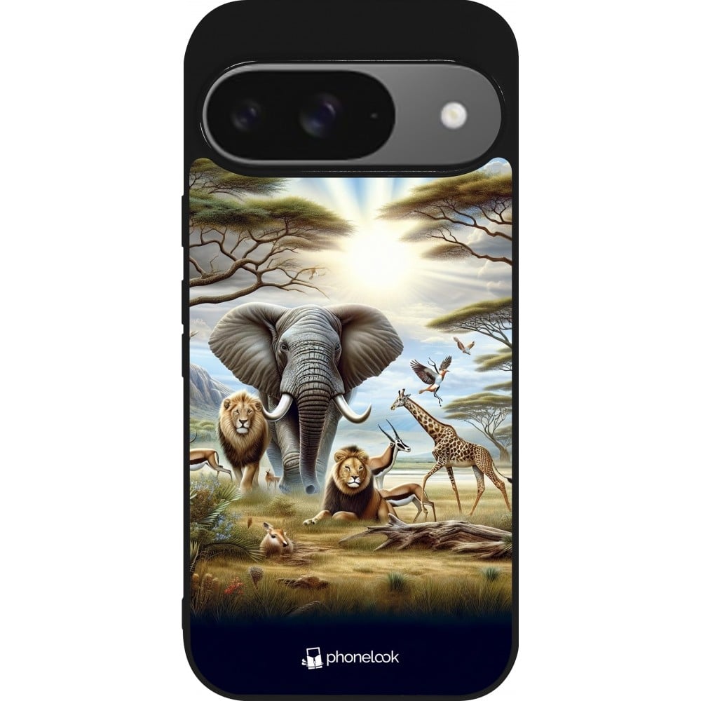 Coque Google Pixel 9 / Pixel 9 Pro - Silicone rigide noir Vie sauvage africaine