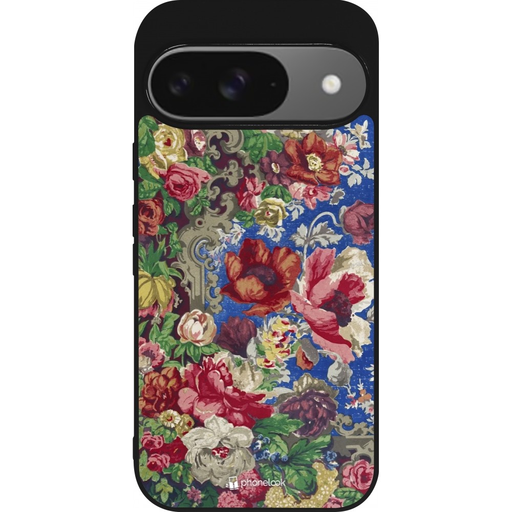 Coque Google Pixel 9 / Pixel 9 Pro - Silicone rigide noir Vintage Art Flowers