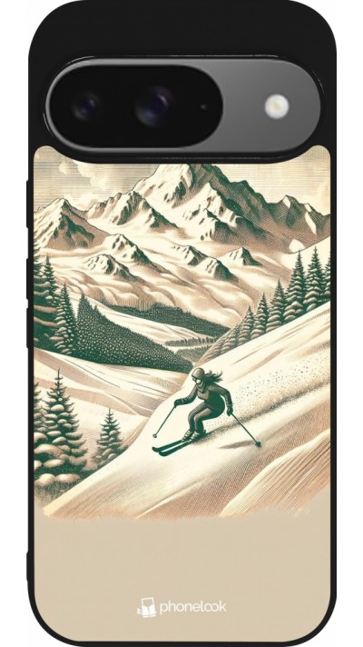 Coque Google Pixel 9 / Pixel 9 Pro - Silicone rigide noir Vintage Ski Mountain