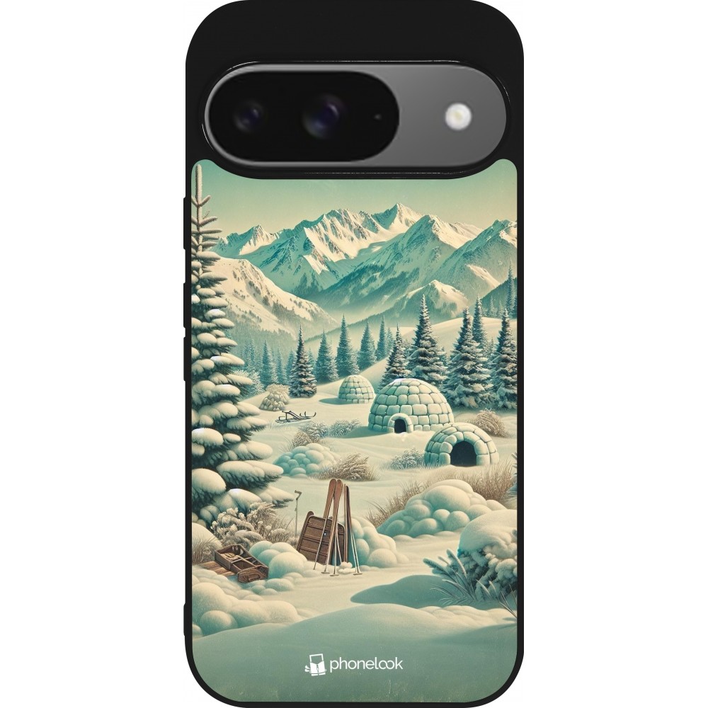 Coque Google Pixel 9 / Pixel 9 Pro - Silicone rigide noir Vintage Snowy Mountain Igloo