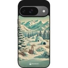 Coque Google Pixel 9 / Pixel 9 Pro - Silicone rigide noir Vintage Snowy Mountain Igloo