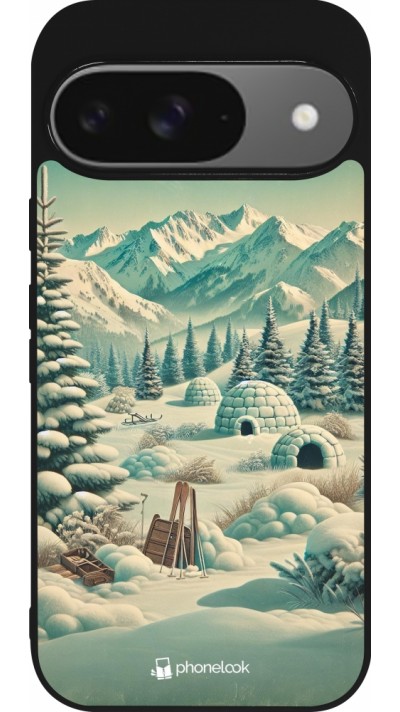 Coque Google Pixel 9 / Pixel 9 Pro - Silicone rigide noir Vintage Snowy Mountain Igloo