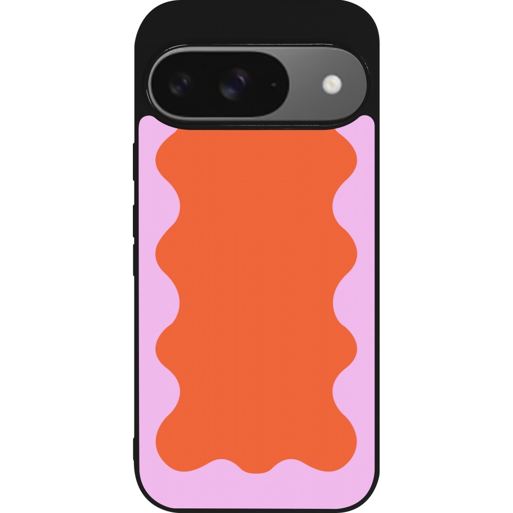 Coque Google Pixel 9 / Pixel 9 Pro - Silicone rigide noir Wavy Rectangle Orange Pink