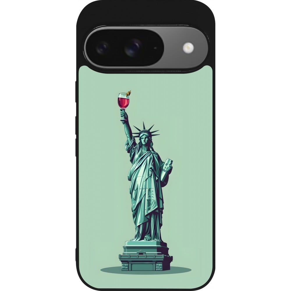 Coque Google Pixel 9 / Pixel 9 Pro - Silicone rigide noir Wine Statue de la liberté avec un verre de vin