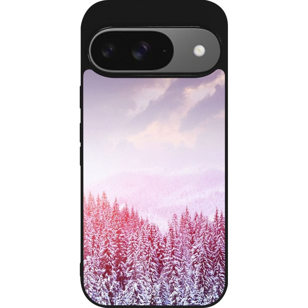 Coque Google Pixel 9 / Pixel 9 Pro - Silicone rigide noir Winter 22 Pink Forest