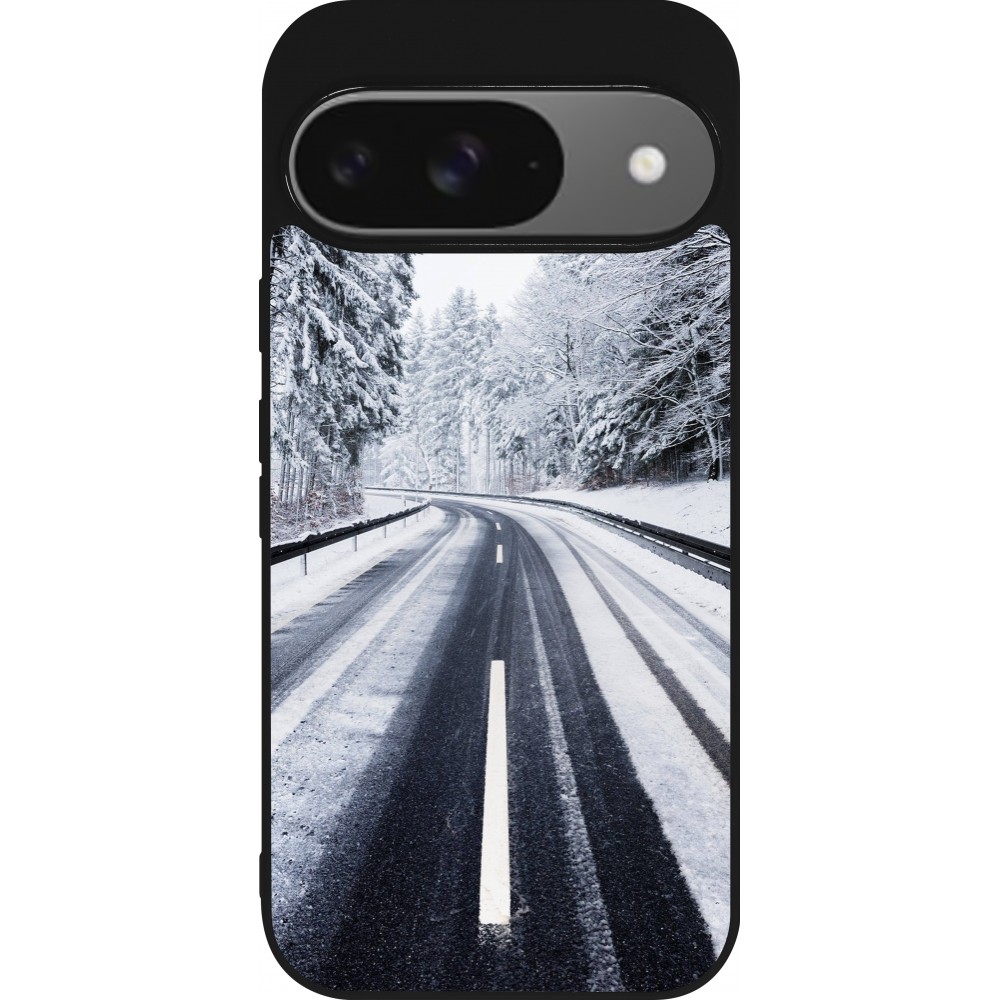 Coque Google Pixel 9 / Pixel 9 Pro - Silicone rigide noir Winter 22 Snowy Road