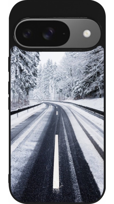 Coque Google Pixel 9 / Pixel 9 Pro - Silicone rigide noir Winter 22 Snowy Road