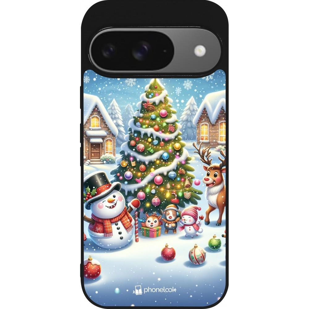 Coque Google Pixel 9 / Pixel 9 Pro - Silicone rigide noir Noël 2023 bonhomme de neige et sapin