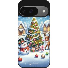 Coque Google Pixel 9 / Pixel 9 Pro - Silicone rigide noir Noël 2023 bonhomme de neige et sapin