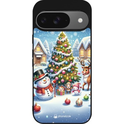 Coque Google Pixel 9 / Pixel 9 Pro - Silicone rigide noir Noël 2023 bonhomme de neige et sapin