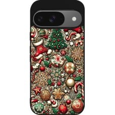 Coque Google Pixel 9 / Pixel 9 Pro - Silicone rigide noir Noël 2023 micro pattern