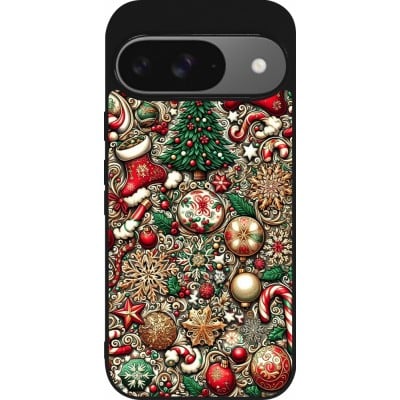 Coque Google Pixel 9 / Pixel 9 Pro - Silicone rigide noir Noël 2023 micro pattern