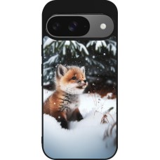 Coque Google Pixel 9 / Pixel 9 Pro - Silicone rigide noir Noël 2023 Renardeau sapin