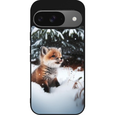 Coque Google Pixel 9 / Pixel 9 Pro - Silicone rigide noir Noël 2023 Renardeau sapin