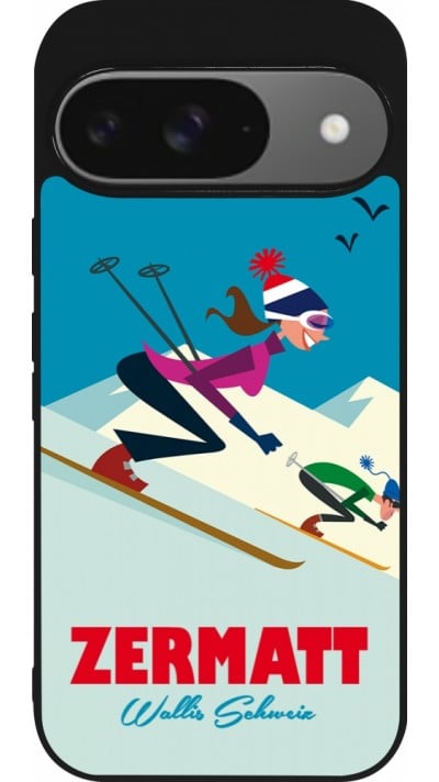 Coque Google Pixel 9 / Pixel 9 Pro - Silicone rigide noir Zermatt Ski Downhill