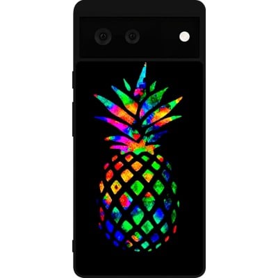 Coque Google Pixel 6 - Silicone rigide noir Ananas Multi-colors