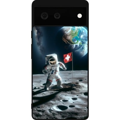 Coque Google Pixel 6 - Silicone rigide noir Astro Suisse sur lune