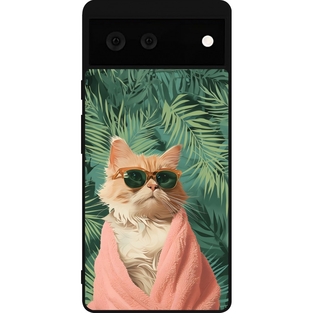 Coque Google Pixel 6 - Silicone rigide noir Cat Summer Palms