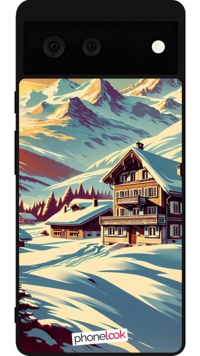 Coque Google Pixel 6 - Silicone rigide noir Chalet montagne enneigée