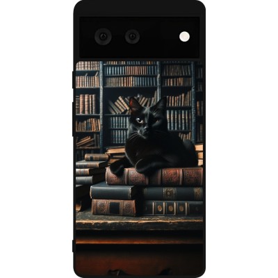 Coque Google Pixel 6 - Silicone rigide noir Chat livres sombres