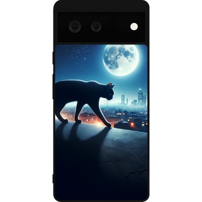 Coque Google Pixel 6 - Silicone rigide noir Chat noir sous la pleine lune