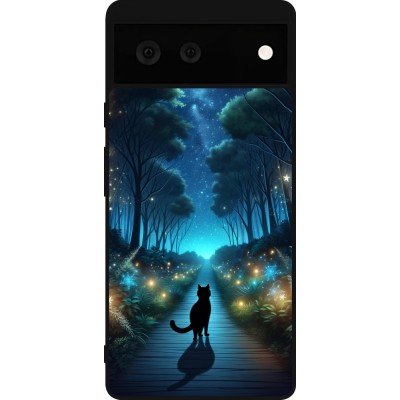 Coque Google Pixel 6 - Silicone rigide noir Chat noir promenade