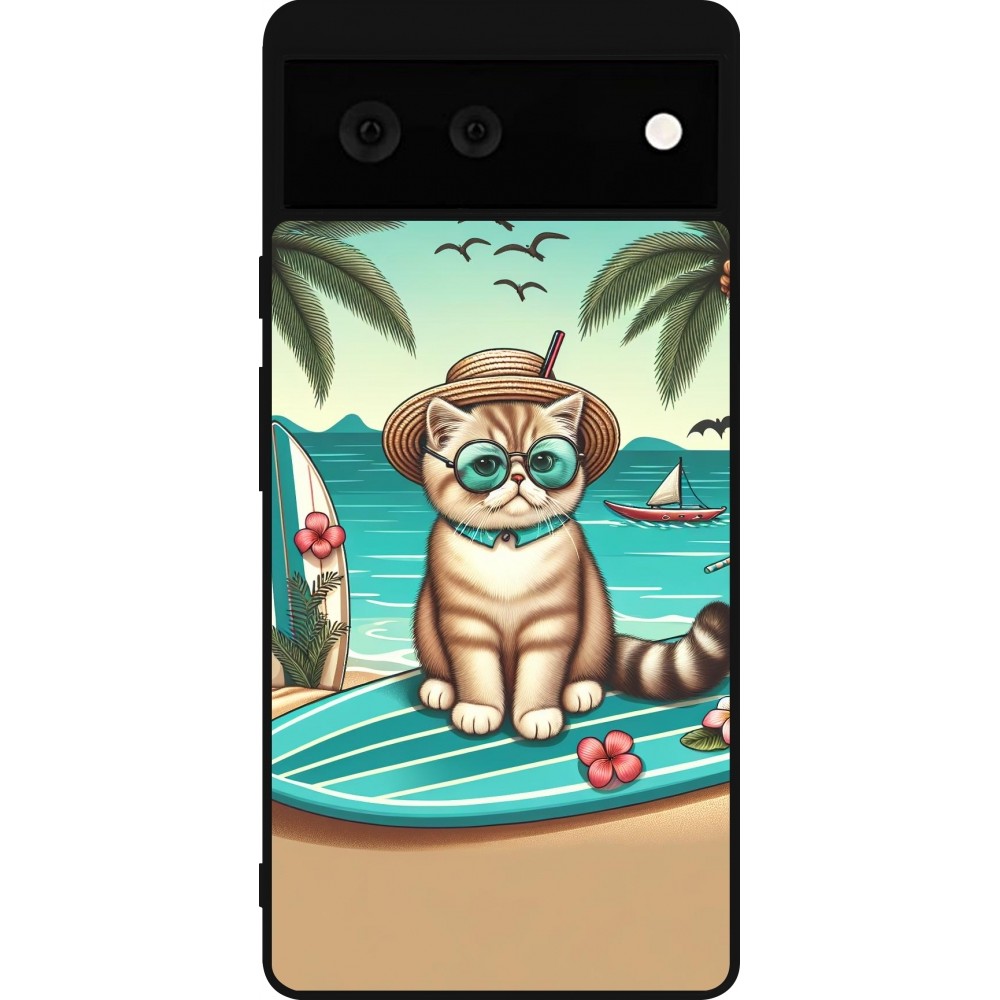 Coque Google Pixel 6 - Silicone rigide noir Chat Surf Style