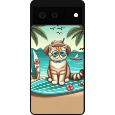 Coque Google Pixel 6 - Silicone rigide noir Chat Surf Style