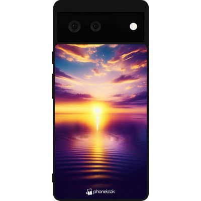 Coque Google Pixel 6 - Silicone rigide noir Coucher soleil jaune violet