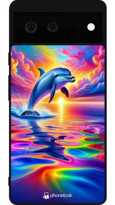 Coque Google Pixel 6 - Silicone rigide noir Dauphin arc-en-ciel heureux