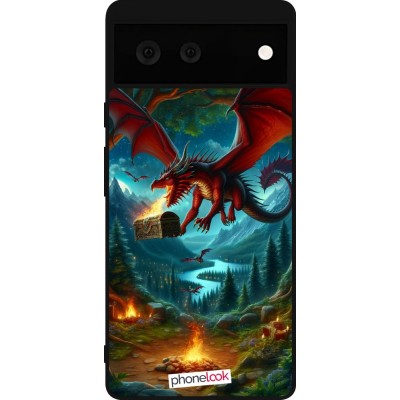 Coque Google Pixel 6 - Silicone rigide noir Dragon Volant Forêt Trésor