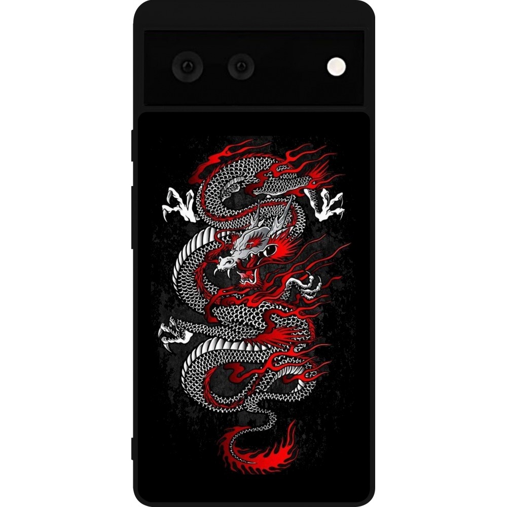 Coque Google Pixel 6 - Silicone rigide noir Japanese style Dragon Tattoo Red Black