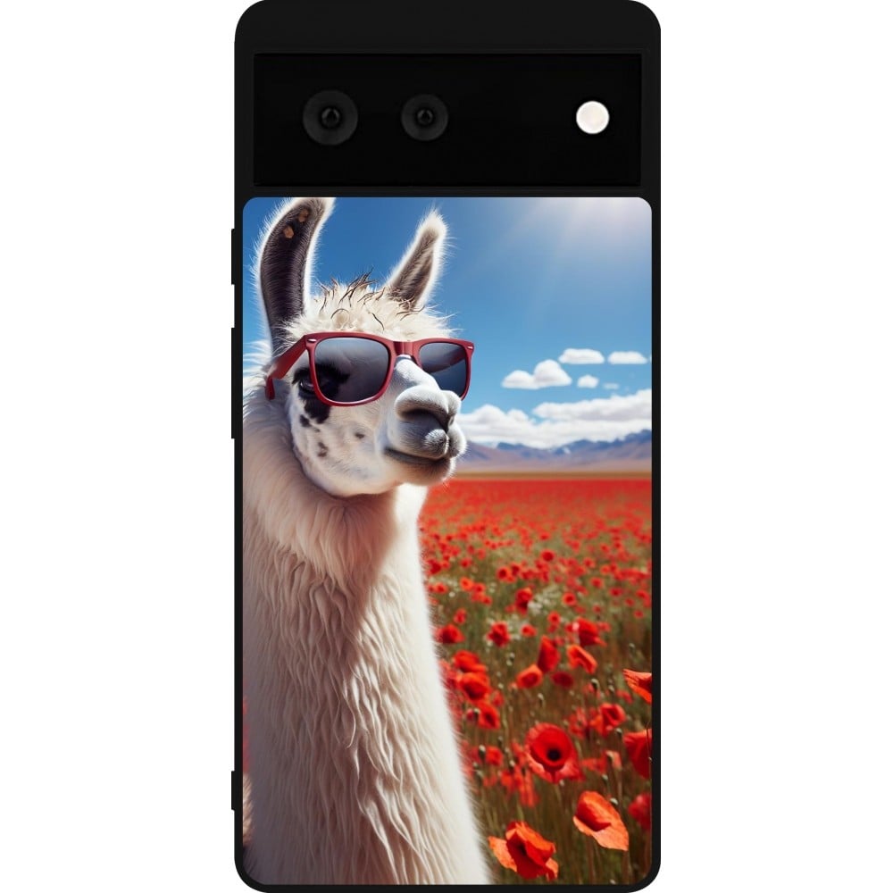 Coque Google Pixel 6 - Silicone rigide noir Lama Chic en Coquelicot