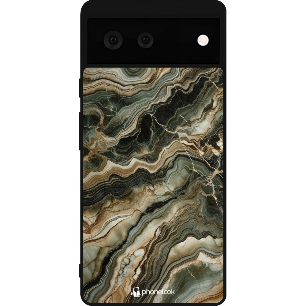 Coque Google Pixel 6 - Silicone rigide noir Marbre Olive