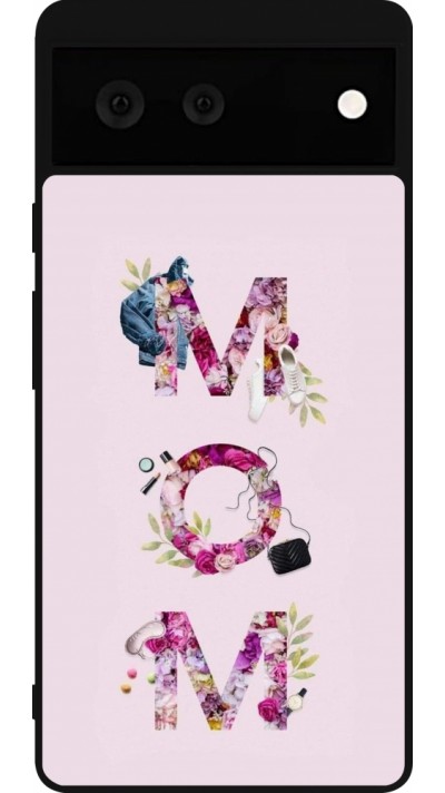 Coque Google Pixel 6 - Silicone rigide noir Mom 2024 girly mom