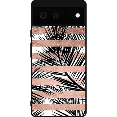 Coque Google Pixel 6 - Silicone rigide noir Palm trees gold stripes